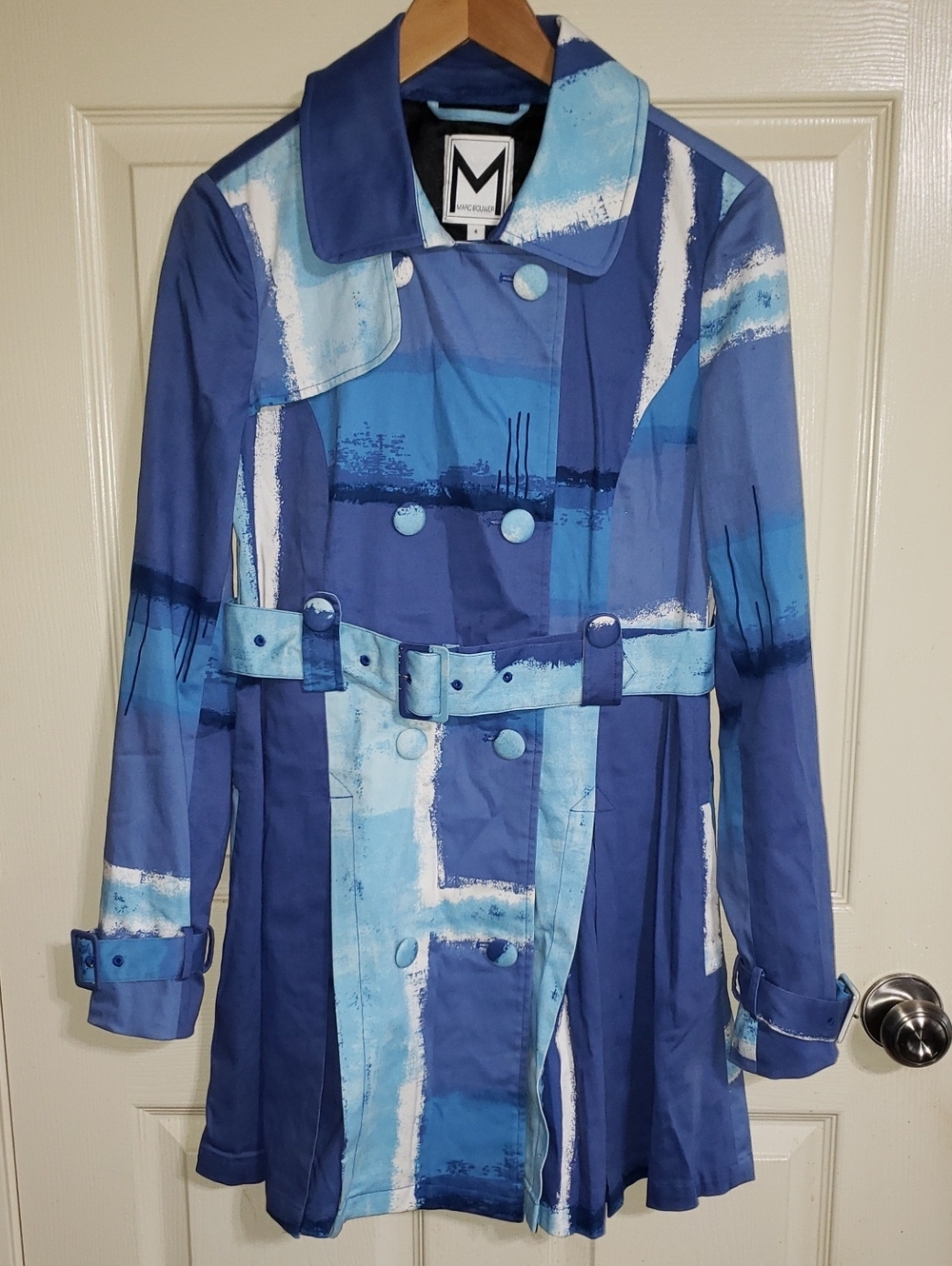 Marc Bouwer Blue Abstract-Print Trench Coat